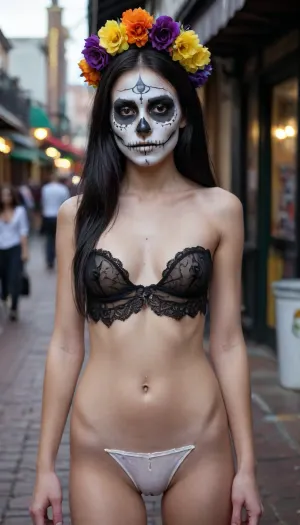 18 yeyold girl, long black hair, small breast, hard nipples, full body, tall, skinny body, white painted face skull face, day of the dead, painted face, Mardi gras, bourbon street, wearing a costume, <lora:ahxl_v1:.8>