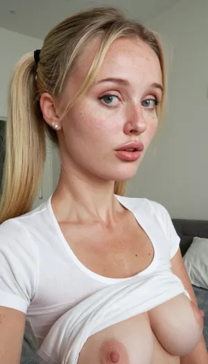 (Bulge under lower lip:1.4), blonde 40yo wife, 2/3 portrait, thick and healthy dark-blonde hair in loose side-tail, best quality, realistic, natural, mid-sized small amazing perfect round breasts, (puffed areolae:1.1), (inverted nipples:1.1), (perfect teardrop intricate small firm tits:1.1), incisors, dimples, high cheekbones, square shaped face, cat-shaped eyes, Scandinavian attractive, skin blemishes, a few moles, no makeup, after sex look, masterpiece, photography, realism, in rural primitive bedroom, clefted sensual lips, (parted arched lips:1.2), white T-shirt, freckled nose, ac_neg1, detailed, eyes, perfect, freckles, skin, texture, photorealistic, <lora:add-detail-xl:.7>, <lora:Super_Eye_Detailer_By_Stable_Yogi_SDPD0:.6>, <lora:flat_chested_v3.5:.5>