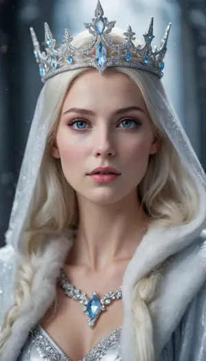 The image shows the Snow Queen, a majestic and cold heroine from the fairy tale by Hans Christian Andersen. Her image embodies icy beauty and power. The queen's face is stern, with delicate features, and her eyes radiate a cold glow, as if reflecting the light of the moon.

Her headdress resembles a crown of transparent ice, with sharp edges that emphasize her royal status. The white cloak draped over her shoulders symbolizes purity and cold, and on her chest there is an ice crystal decoration that enhances her magical aura.

The background of the image is dark, which emphasizes her icy glow and creates an atmosphere of mystery. This image perfectly conveys the character of the Snow Queen, a powerful but lonely ruler of the ice kingdom.