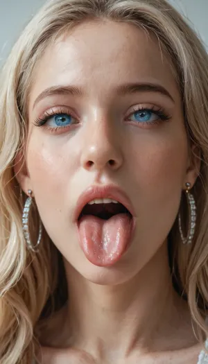 extreme close up, masterpiece, best quality, ultra HD, hyper-realistic, high res, ultra realistic 8k cg, mouth open, tongue out, pale blue eyes, punishnun, <lora:punishnun_XL_reg1_-000003:2>