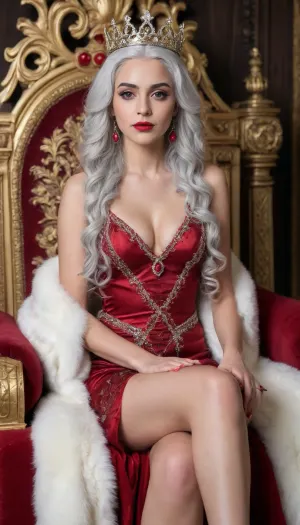 A 35 years old women, (sitting on a throne with crossed legs:1.3), arms on armrest, serious look, (big crown + silver), white long curly hair, small forehead, (perfect eyes + ruby), red lips, (Renaissance dress + ruby), (stocking + white), (earring + ruby), (necklace + ruby), perfect hand, ring, RAW image, Canon EOS R3, DSLR photo, 8k, best quality, (masterpiece:1.1), (realistic, photo-realistic:1.2), ultra high res, full-body shot, (shallow depth of field), eye-level, front view, soft light