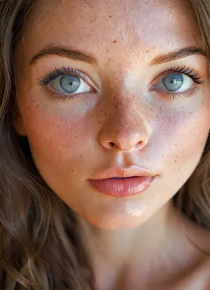 (masterpiece, best quality, photorealistic, ultra-detailed, highres, soft lighting), 1girl, flawless breathtaking petite 28 year old irish nude influencer, narrow waist, glistening skin, blue and grey colored mesmerizing eyes, perfect face, smooth silky long hair, tanned skin, no tan lines, realistic detailed eyes, realistic detailed face, realistic detailed tan skin, freckles, professional color correction, close-up portrait, no tattoos, wearing sheer lip gloss, soft backlight, close up on face, <lora:add-detail-xl:.5>, <lora:xl_more_art-full_v1:.6>, <lora:SDXL_BetterFaces-LoRA_v1:.8>, <lora:MJ52:.8>