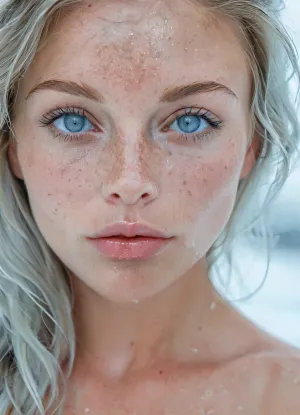 (masterpiece, best quality, photorealistic, ultra-detailed, highres, soft lighting), 1girl, flawless breathtaking petite 28 year old irish nude influencer, narrow waist, glistening skin, blue and grey colored mesmerizing eyes, perfect face, smooth silky long hair, tanned skin, no tan lines, realistic detailed eyes, realistic detailed face, realistic detailed tan skin, freckles, professional color correction, close-up portrait, no tattoos, wearing sheer lip gloss, soft backlight, close up on face, <lora:add-detail-xl:.5>, <lora:xl_more_art-full_v1:.6>, <lora:SDXL_BetterFaces-LoRA_v1:.8>, <lora:MJ52:.8>