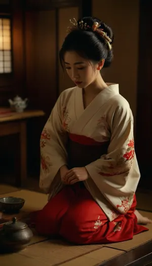 Japanese woman, geisha, 25 year old, kneeling before japanese table, opened kimono, undressing, (show nipples), traditional japanese bun, traditonal jamanese make-up, traditional japanese house, tea, raw, <lora:MJ52:2>, <lora:580159_training_data:.8>