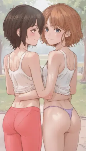 ((Graceful, pretty, 2 young girls, small breast, cute face, sexy, (low leggings), tanktop, park, thong, nice fit perfect ass, rear view, smiling, perfect lighting, <lora:ratatatat74-000050:1.4>, <lora:outline_xl_kohaku_delta_spv5x:2>, <lora:cartoon_stickers_xl_v1:.9>, <lora:NEOTOKIOXL_0.2_RC:.7>))