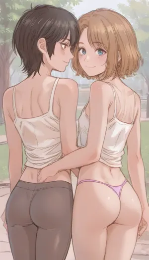 ((Graceful, pretty, 2 young girls, small breast, cute face, sexy, (low leggings), tanktop, park, thong, nice fit perfect ass, rear view, smiling, perfect lighting, <lora:ratatatat74-000050:1.4>, <lora:outline_xl_kohaku_delta_spv5x:2>, <lora:cartoon_stickers_xl_v1:.9>, <lora:NEOTOKIOXL_0.2_RC:.7>))