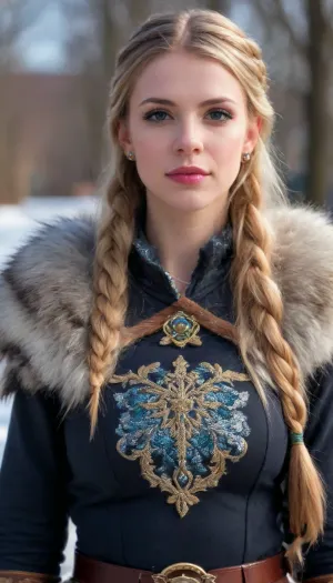 A fiercely proud Nordic girl stands, her presence exuding unwavering strength. Her blonde braids cascade down her back, framing a face marked by determination and resilience. This stunning portrait captures her piercing blue eyes, reflecting the icy landscapes of her homeland. The intricate details of her embroidered Viking armor and fur-lined cloak speak of her warrior spirit. This high-quality painting seamlessly combines power and grace, drawing the viewer into the captivating story of a fierce Nordic warrior princess. body manipulations, divine proportion, non-douche smile, gaze into the camera, holographic shimmer, whimsical lighting, enchanted ambiance, soft textures, imaginative artwork, ethereal glow, silent Luminescence, whispering Silent, iridescent Encounter, vibrant background, full body, (((rule of thirds))), high quality, high detail, high resolution, (bokeh:2), backlight, (long exposure:2)
