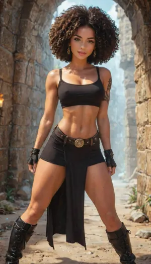 Photorealistic extremely lifelike image of a breathtaking high-fantasy female rogue-warrior standing in a torch-lit stone dungeon chamber. She is a beautiful Palestinian supermodel woman with light olive skin and a hourglass toned thin athletic physique. She has a heart-shaped face with soft feminine features, large almond-shaped bright-hazel eyes, a narrow rounded nose, and full lips curved in a confident smirk. Her long, straight dark brown hair flows past her shoulders, slightly tousled from battle.She wears a revealing, sexy rogue outfit made of black leather and crimson fabric—an enchanted Solid Cami Crop Top & Split Thigh Long Skirt Set-style top with cutouts that expose defined abs, and high-slit armored thigh straps that leave most of her strong thick thighs bare. A pair of fingerless gloves and knee-high leather boots complete the look. Her toned arms and sculpted legs show off her physical strength and agility. She has a curved dagger at her side and a glowing arcane "SUN" sigil tattooed on her hip.Her expression is confident and sultry, standing with one hand on her hip, the other resting on her weapon. The background is a fantasy dungeon with stone walls, glowing runes, and faint magical mist. The lighting is warm and dramatic, casting shadows that accentuate her curves and muscle tone, high detail, cinematic lighting, fantasy realism, intricate costume design, 8K, full-body character portrait, RPG character art, sexy fantasy aesthetic, perfect anatomy, best quality, 8k, insane details, intricate details, hyperdetailed, hyper quality, ultra detailed, professional, HDR, ray tracing reflection, highlydetailedbody, realisticface, highlydetailedhair, insanelydetailed, 8K.highdetailedskin, highresolution, perfectfingers, (j_cartoon:1.5), Drawing, supermodel, face, big, lips, Indian, middle-eastern, Afro-Carribbean, uberfit, muscular, athletic, <lora:Beautify-Supermodel-SDXL:2>, <lora:uberfit_lora_sdxl:.4>, <lora:style_lora_realis:.5>, <lora:M05_Intensify:.5>, <lora:attractive_notrigger:.2>