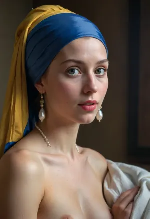 Painting of a naked woman with a pearl earring, very well defined insanely detailed ultra high quality, painted by Johannes Vermeer
