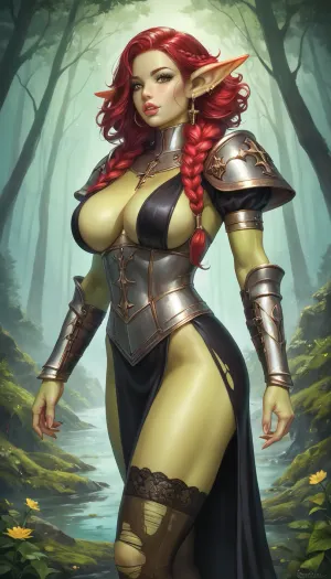 (female darkgreen goblin slim small body), solo, a very very very long thick braid, red hair, full lips, thick lips, huge chest circumference, muscular, wearing cleric robes and cleric armor and and cleric cloak cleric stockings, gigantic_Torn_wings, masterpiece, best quality high resolution realistic photograph, forest