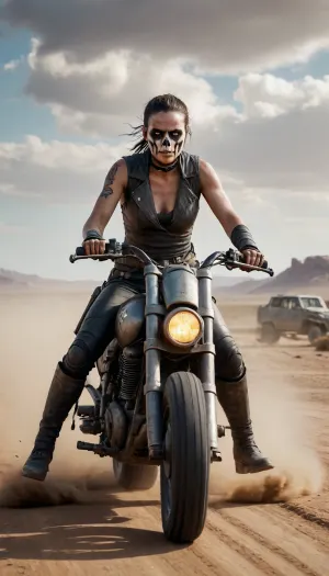 5000000010.69, futuristic motorcycle on a dirt road, painted skull, character from the movie Mad Max, realistic female faces, computer graphics, Fortnite character, ((skull)), award-winning photo, skull image, apocalypse chariot, muscular female warrior, high-speed chase footage, clouds of dust from the wheels, cinematic character design, Rey, 2019 fashion photos, chupacabra, shots from cinematic movies