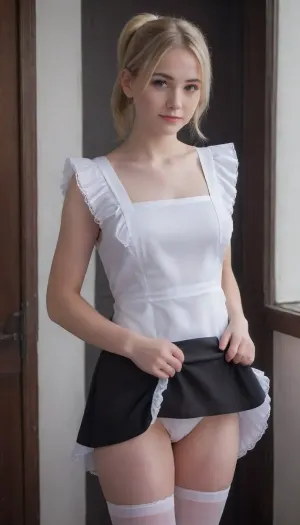 beautiful blonde 18 years old with ponytails woman, white bows, black dress, white apron, soviet schoolgirl, (the hem of the dress is pulled up, white panties are visible:1.3), white lingerie, white shoes, high heels, lewddungeon, background black walls, suxl, <lora:suxl:.8>, skirtlift, <lora:skirtlift_xl:.8>