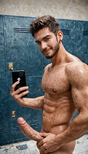 A realistic, muscular young man with a serious face stands naked in front of a mirror, holding his thick, hard penis, which measures about 16 cm and is crooked to the left, with visible veins. He has short, dark hair, a trimmed beard, and a confident smile. He wears large black headphones and a smartwatch on his left wrist. His skin tone is brown, with a natural, healthy glow, and veins are visible on his arms. On his right shoulder and arm is a large, colorful tattoo of a female comic book/anime character. He holds a black smartphone with a gold case in his right hand, taking a selfie. The setting is a simple locker room with a tile floor, gray walls, and a yellow door in the background. The mirror has slight smudges and dust, making the scene even more natural and authentic. Highly specific skin texture, realistic lighting, realistic anatomy, and an ultra-realistic photographic style are used. Nothing is hidden around his penis, so it looks very real, and he also doesn't wear earrings, so it looks as masculine as possible.