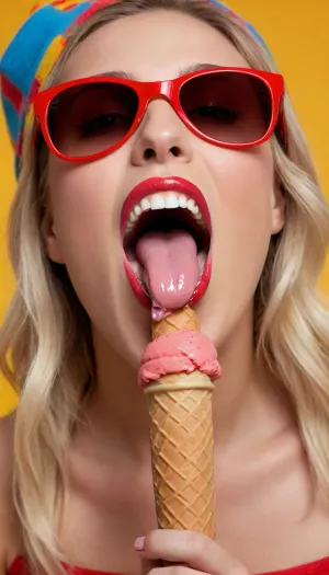 5000000010.87, Modern, eye-catching ice cream brand advertisement, the inscription on top of the image clearly reads "LICK IT", featuring a blonde woman wearing red sunglasses and a hat, licking a colorful ice cream cone. The vibrant colors and dynamic composition create a lively and playful atmosphere, with a joyful expression and an open mouth, tongue out, showcasing perfect teeth. The high-resolution image is colorful and vibrant, featuring David LaChapelle's style on a yellow background.