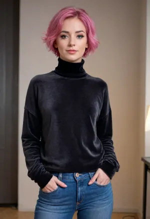 (masterpiece, best quality:1.2), 1 czech 30yo woman, famous singer, (she wears a anthracite baggy velvet turtleneck sweater and jeans:1.4), indoors in a recording studio, (short wavy pink hair:1.2), bright blue eyes, piercing in nose, earrings, she is standing at a studio, photorealism, flat, chested, ShirtUp, <lora:681678_training_data:.5>, <lora:flat_chested_v3.5:.5>, <lora:ShirtUp:.8>