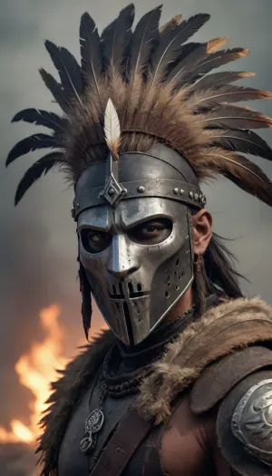 5000000010.161, An Indian warrior wearing a steel mask with a rifle in a post-apocalyptic cyberpunk style, dressed in traditional Native American paint and armor, with tribal feathers on his head. He has a patch over one eye. In the background is dark smoke and fog surrounded by fire. In the style of the Dark Souls series of games.
