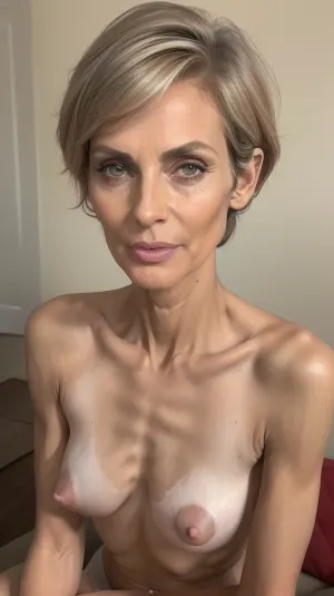 ((realistic), (photorealism), high quality, 4k, (incredible detailed), masterpiece, intricate, (high detailed skin), (RAW photo, best quality), (High detail RAW color Photo), high definition, 8k uhd), (complex lighting), solo, 1female, picture of a beautiful 50 years old woman, dynamic pose, muscle tension, brunette slicked back big hair, grey eyes, short hair, high forehead, high cheekbones, tanned skin, wide bow shaped lips, long sleek nose, laugh lines, wrinkles around eyes, long face, long slim neck, tall, athletic, slim, sinewy, firm d-cup perky torpedo tits, upwards pointing stiff nipples, very small aureolas, slim and tall, hairy pussy, sitting, presenting her beautiful feet, film, analog, hard, light, dramatic, lighting, fujicolor, c200, portra, fujifilm, xt3, depth, of, field, color, grading, bokeh, RAW, <lora:age_slider_v20:.8>, <lora:epiCRealismHelper:.8>, <lora:weight_slider_v2:-1>, <lora:torpedotitsv3:.5>, <lora:AdvancedEnhancer:.4>
