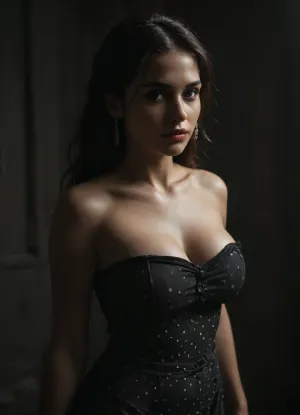 massive naked breasts, long hair brunette tied, (lips squishing on his penis), tight black dress, black polka dot dress, tube top, bowtie in hair, red lipstick, tanned skin, latina, round facial features, brown eyes and eyebrows raised high, smiling, elegant hairstyle, <lora:dark:.8>