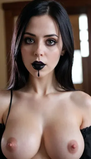 8k, highest detail, photo realistic, breastmilk oozing out, milk spew out from nipples, lactating squirt out from nipples, a goth girls face, septum piercing, upper lip piercing, long jet black hair, black lipstick, nose piercing, tongue piercing, black eyeliner, pale face, big anime eyes, big saggy hanging breasts, mischievous look on her face
