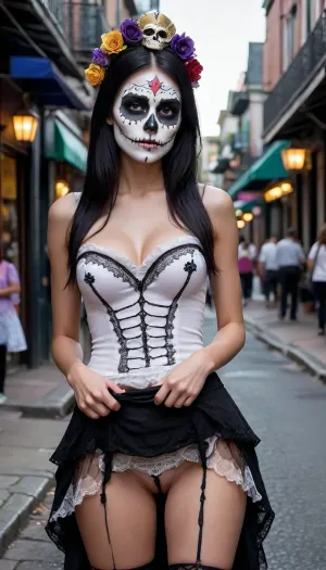 18 yeyold girl, long black hair, medium breast, full body, tall, skinny body, white painted face skull face, day of the dead, painted face, Mardi gras, bourbon street, skirtlift, <lora:skirtlift_xl:.8>