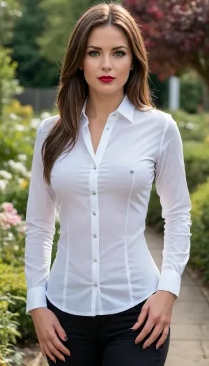 woman, Woman, beautiful Scottish female milf, 30 years old young adult milf, brown long straight hair, blue eyes, red lipstick, (((wearing tight white office shirt and black jeans))), (fully clothed), hourglass body, full body view, wide hips, Slightly chubby body, (legs wide open standing), standing walking in garden, best quality, ultra-detailed, masterpiece, finely detail, highres, 8k wallpaper, thick athletic sharp, textured skin, perfect body, gorgeous face, small breasts, beautiful face, hard light, realistic photo, full-length photo, (high detailed skin), 8k uhd, dslr, high quality, detailed skin texture, (highly detailed hair), (highly detailed face), highly detailed body, (realistic), insanely detailed, highest quality, ((far camera angle)), ((far viewing angle)), high resolution photography on a canon camera