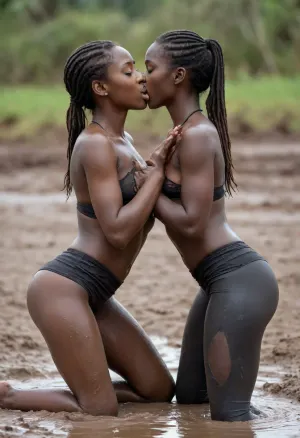 (two 18 y/o kenyans girls kissing:1), hugs, fighting in the mud, c cup breasts, cleavage, yoga clothes, (open shirt), legging, smirk, full body view, Finger Inside pants, fingering, pussy, pussy fingering