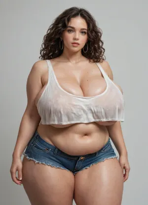 Woman with a motherly voluptuous plump chubby figure, oversized ass, oversized hips, thunder thighs, oversized saggy breasts, wearing a loose tank top, deep cleavage, and micro cloth shorts, <lora:add-detail-xl:.8>, <lora:milkers_v2:.8>