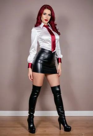 Meine Kundin hat lange braune Haare., ((Eine weiss glänzende Kurz Arm Satin Bluse und einen Weinrotem engen Glänzenden Lack PVC Minirock an)), . Darunter trägt sie reizende violette, schwarze Dessous und, ((schwarze Nylon Strapsstrümpfe mit schwarzen langen Lack High Heels Stiefel.)), Sie hatte ein Wunderschönes sympathisches Lächeln.
