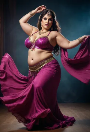 GLAMOUR FILM POSTER, FEMALE OBESE BELLYDANCER. IN THE STYLE OF EPIC MOVEMENT, DYNAMIC COMPOSITION, CINEMATIC COLOR GRADING, STUNNING, PHOTOREALISTIC, CHAOTIC ACTION, INTENSE EMOTION.