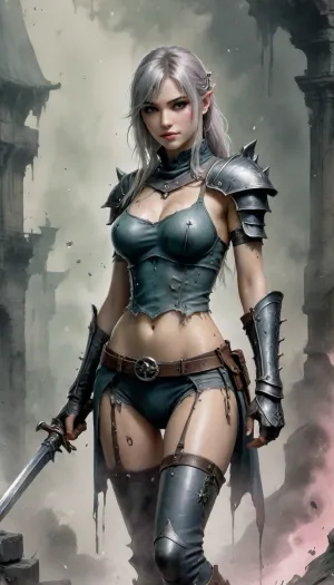 Dungeons&Dragons style, full body, a female draw assassin, scary smile, knight helmet, sexy crop top, silver long hair, small breasts, blunt bangs, upper body part, Yoji Shinkawa, Luis Royo, fog ruins background, dark green and blue and light pink palette, novuschroma38, style, <lora:SDXLInkStainsFinal:.8>, <lora:CBS_novuschroma38 style:.8>