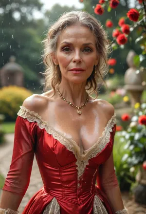 Black gilf in a royal garden, in a heavy rain, wet body, wet clothes, full clothed, (very old, 1.9), (gilf:1.5), facial wrinkles, (body wrinkles:1.5), (small breasts:.7), butterscotch lipstick, red nails, white tooth, perfect denture, jewels, (brunette straight hair:1.2), black lace stockings, skirt spreading around, royal, epic, gorgeous, spreading, saggy boobs hanging out, hyper-photorealistic, ultra_simple_hoopdress, full body, far view, full length shot, masterpiece, best quality, raytrace, natural faces, nationality, exotic race, seductive smile, gldnglry, <lora:bab4d033-acad-4a4e-b6fa-5dda2bad3471.TA_trained:1>, <lora:MJ52:.8>, <lora:gldnglry:.8>