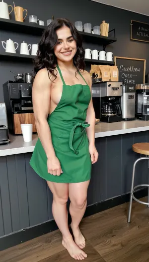 iPhone 15 pro photo, beautiful 30 year old Slavic girl standing, rounded face, wearing only green apron on naked body, black wavy hair, athletic body, muscular and chubby little bit, barefoot, big smile, slim waist, coffee shop, full body view, photorealistic, highly detailed