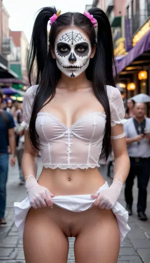 18 yeyold girl, angel face, long black hair, ponytails, medium breast, full body, tall, skinny body, white painted face skull face, day of the dead make-up, painted face, Mardi gras, bourbon street, skirtlift, <lora:skirtlift_xl:.8>, no panties showing pussy