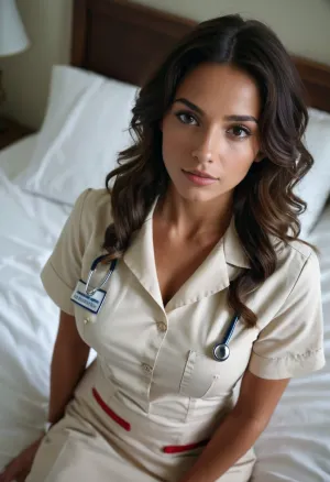 32 y/o tan French woman, petite, skinny, cute, nurse uniform, (natural boobs), view from above, man pov, bedroom looking at viewer, (cleavage:1), ultra detailed, realistic, black wavy hair