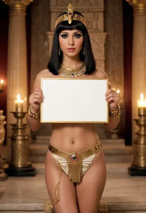 Egyptian pharaoh, (Cleopatra:1.5), 30 years old, madeup heavily, lipstick, Egyptian, super hot, very sexy, horny, long straight black hair hair, tan skin, very glamour, chubby, naked, hairy pussy, gold choker, gold headress, black eyes, neck lace, huge hoop earrings, necklace, bracelet, happy orgasm face, big saggy tits, nipples, tall, standing in a temple, nighttime, candles and lanterns light the temple, (holding a blank sign:1.3), blank sign, PEHoldingSign, <lora:PE_HoldingSign:.8>