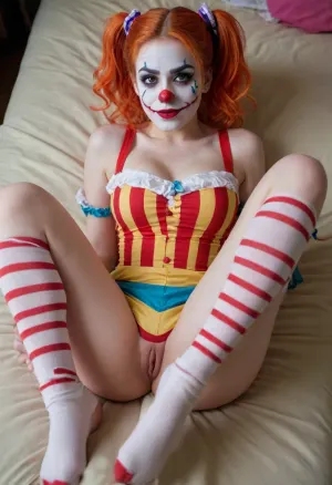 young beautiful girl 18 years old clown girl with big breasts, wearing a pulled-up dress without any underwear, laying on her back with spread legs, no panties, long striped socks, clown makeup, skinny, white face paint, detailed vagina, looking at the viewer, back long high twin multi-colored ponytails, excited, aroused, tack sharp, 4k, dslr, feet up