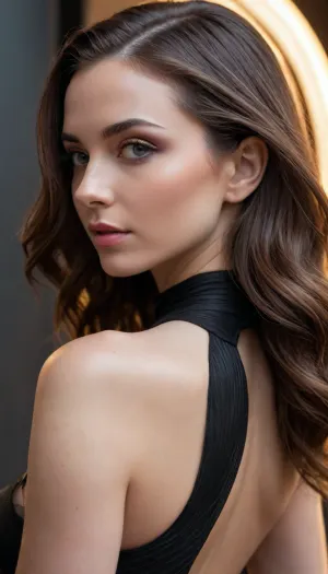 5000000010.216, high-gloss black shell, sound-wave ribbed textures, convex lenses, soft industrial gradient lighting, microcircuits, gloss-wrapped matte transitions, AI-fused female form, contours from polished mechanical joints and domes, jointed elegance, carbon-silk surfaces, subtle haptic grain, smooth audio-reactive ambience