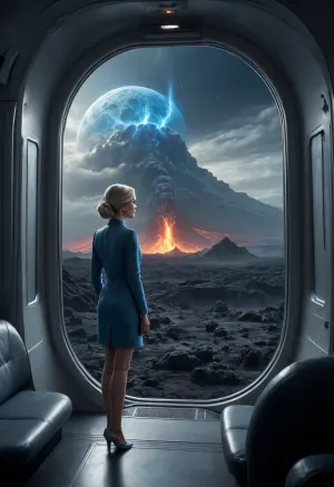 A cinematic futuristic lunar train with a giant panoramic window. Through the glass, a massive glowing blue volcanic eruption rises on the Moon’s surface, lava streams shining against the grey craters. In the carriage, a sexy woman in a sleek futuristic suit stands close to the window, her silhouette illuminated by the blue glow of the eruption. Earth floats on the horizon, casting pale light over the scene. Surreal, epic, cinematic atmosphere of cosmic wonder.