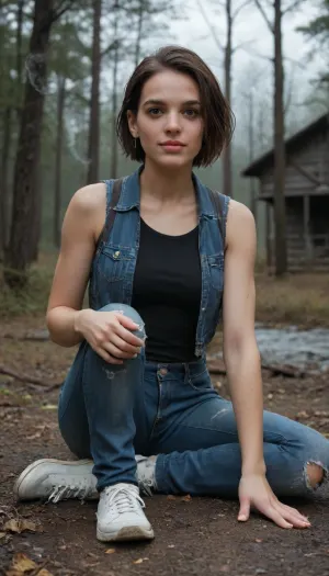 Jill Valentine Resident Evil / Dressed in a blue torn sleeveless vest, black torn jeans, black t-string, white sneakers, / Hair, black / Pose, sitting on her knees in a modest pose, holding on to something with her hand, smoking a cigarette, / Emotions, smiling, gray eyes filled with love, / Location, a dark, gloomy forest near an abandoned house and a lake, gloomy, dark, night, horror, scary, feeling anxious, apocalypse, living мертвецы