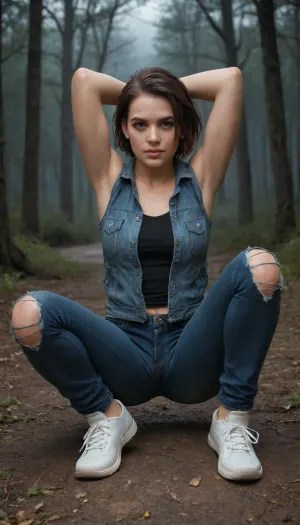 Jill Valentine Resident Evil / Dressed in a blue torn sleeveless vest, black torn jeans, black t-string, and white sneakers, / Hair, black, / Pose, sitting on the ground in a butterfly pose, modest pose, hands behind her head, / Emotions, smiling, gray eyes filled with love, / Location, a dark and gloomy forest near an abandoned house and a lake, / Mood, gloomy, dark, night, horror, scary, feeling anxious, apocalypse, undead