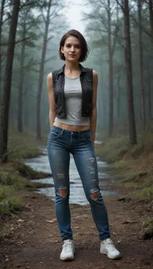 Jill Valentine from Resident Evil / Dressed in a blue ripped sleeveless vest, black ripped jeans, black t-string, and white sneakers / Hair, black / Pose, standing, dancing, modest pose, hands behind her back / Emotions, smile, loving gray eyes, cute face / Location, dark, gloomy forest near an abandoned house and a lake, gloomy, night, horror, scary, feeling of anxiety, apocalypse, living dead