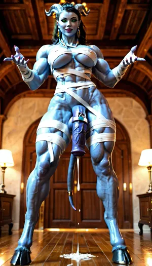 (beautiful draenei shaman:1.4), (blue skin:1.4), horns, (posing provocatively in a fantasy hovel at night:1.6), (flawless face:1.5), ((perfect green eyes:1.6)), (dark eyeshadow:1.2), inviting to fuck, (toned muscles:1.2), nude, (futanari:1.2), large erect futa cock, thick cock, (huge bolt-on tits and fit toned body:1.2), tail, (horse legs, hooves:1.2), (sensual seduction:1.2), view from below, (cum dripping from flaccid horse cock), (pov from floor between her legs:1.2), cum dripping onto camera, closeup of cock, perspex, (she is standing dominantly over the viewer, with her cock in the viewer face), (muscle mummy pose), submissive viewer, (orgasm:1.3), view from bottom to top. low angle view., (Full body in view), Standing muscle mommy dominatrix in front, muscular legs. close-up view. degrading kink, (draenei stands above viewer:1.3), (standing:1.3), (legs apart:1.3), (extreme close up:1.3), (eye contact:1.2), (looking down:1), sly look, reaching to viewer, penis is directed forward, (a lot of sperm:1.1), only one penis, only one person, POV, <lora:SDXLHighDetail_v6-000005:1.3>