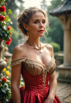 Glamour, amorous, naughty, Black gilf in a royal garden, in a heavy rain, wet body, wet clothes, full clothed, (very old, 1.9), (gilf:1.5), facial wrinkles, (body wrinkles:1.5), (small breasts:.7), butterscotch lipstick, red nails, white tooth, perfect denture, jewels, (brunette straight hair:1.2), black lace stockings, skirt spreading around, royal, epic, gorgeous, spreading, saggy boobs hanging out, hyper-photorealistic, ultra_simple_hoopdress, full body, far view, full length shot, masterpiece, best quality, raytrace, natural faces, nationality, exotic race, seductive smile, gldnglry, <lora:bab4d033-acad-4a4e-b6fa-5dda2bad3471.TA_trained:1>, <lora:MJ52:.8>, <lora:gldnglry:.8>