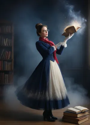 Woman teacher wearing victorian dark bleu long dress, white elegant glove, red and white fluffy wool scarf, mary poppins scarf, long dark brown hair in elegant bun, modern dark blue glasses, black victorian ankle boot, full body view, modern classroom in background, golden magical effect, magical book floating around, gold, patterns, and, black, spirit, liquid, explosion, golden, star, dust, milky, way, background, fog., <lora:485124_training_data:.8>, magical, <lora:EnvyMagicalXL01:.8>, DonM3lv3nM4g1cXL, <lora:DonM3lv3nM4g1cXL-v1.1-000006:.8>, megane, <lora:glasses-classicblackframe-XL-10:.8>