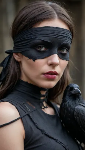 5000000010.199, Blindfolded blind woman with a large raven on her shoulder, inspired by Carole Buck, dark fantasy style, gothic art, dark torn bandage covering her eyes, pinterest photo, r/paintminis, epic 3 d abstract emo girl in rags, witch paying for her sins, post-apocalyptic vibe, with black drops from under the bandage on the face, gloomy, hidden, ravens, high detailing