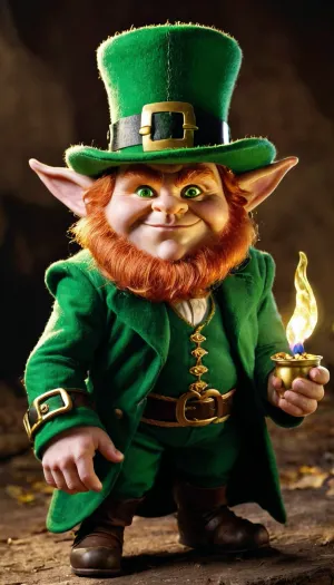 A Irish leprechaun with the following description he is fat little and pot-bellied he has a phosphorescent green goblin hat he has big round yellow eyes that shine in the night, They serve him as flashlights . Because he only appears at night, he looks very fierce but his heart is very good, he has a chest of gold coins, small and shiny and most importantly his fingers are normal only one finger is very long and he uses it to point and as a magic rod .