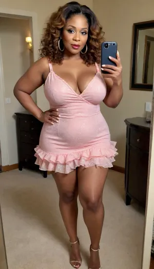 Ebony, sexy granny mature, sexy 60 years old, ginger, long wave hair, messy hair, super horny and hot, chubby, wide hips, very perky boobs, huge tits, very tall, naught sexy super orgasm face, selfie, glamour, make up, lipstick, huge hoop earrings, full body view, looking at the mirror, at the fancy hotel room, pointed stilettos, looking at the camera, thick legs, very horny orgasm face looking at the camera, wearing a revealing frilly dress
