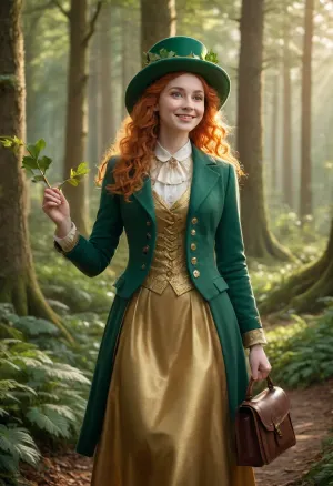 A vibrant and beautiful female leprechaun with long, curly ginger hair, wearing a green top hat adorned with leaves, a green jacket, a golden vest with gold buttons, and a flowing green skirt, holding an elaborate golden staff in her right hand and a brown leather satchel in her left hand, smiling brightly, in a magical forest with tall trees and dappled sunlight. Digital painting, Fantasy Art, Intricate Details Soft Golden Hour Light, Dappled Sunlight, Volumetric Lighting Medium Shot, Portrait Composition Happy Expression, Charming, Festive, Magical, Detailed Clothing, Lush Greenery, Sunbeams, Atmospheric Perspective