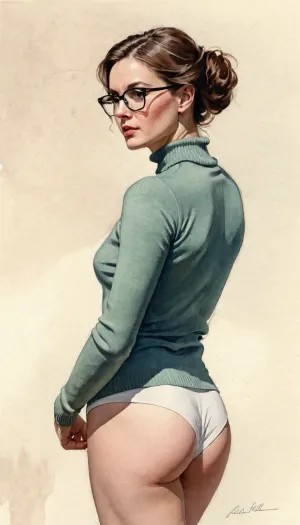 A whimsical watercolor sketch, rendered in the style of a vibrant, impressionistic portrait, depicts the rear view of a stern-faced, middle-aged, (45-55 years), Russian woman. Her ethnicity is clearly Caucasian, with subtly highlighted cheekbones and a strong jawline. She’s clad in a crimson-red pleated lifted miniskirt, the fabric subtly textured with watercolor washes suggesting fine wool, flashed her panties. A simple, charcoal-grey fitted turtleneck sweater hugs her torso, emphasizing her posture. Her dark brown hair, pulled back in a severe bun, reveals a slender neck. She wears thin, wire-rimmed spectacles perched on her nose, adding to her intellectual and somewhat formidable air. Her legs, visible from the knees down, are elegantly crossed at the ankles, projecting a sense of controlled anger. Her stance is rigid, her shoulders slightly hunched, conveying a restrained frustration. The background is a soft, diffused wash of pale blues and greens, reminiscent of a classroom or quiet study, leaving her figure prominently featured in the composition. The lighting is soft and diffused, casting subtle shadows that accentuate the contours of her form, creating a gentle interplay of light and shadow which maintains the watercolor's characteristic ethereal quality. The overall mood is one of quiet intensity and simmering discontent, captured with a masterful blend of realistic detail and whimsical artistic license. The perspective is a slightly elevated rear three-quarter view, employing a telephoto lens effect to maintain the intimacy and intensity of the moment., jsbw, style, <lora:JasmineBWXLDoguMini:.8>