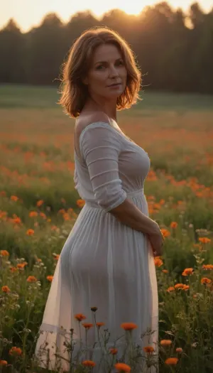 45 year old, (milf:1), clothed in a white wet summer dress, clinging to her, (medium breasts), (big ass), in a flower meadow in a dawn mist, orange tinted light, illuminates her from behind, <lora:Chubby BBW - XL:.5>